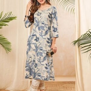 The PHYSIL Floral Printed Round Neck Thread Work Straight Cotton Kurta